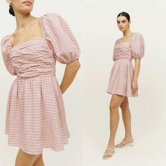 Reformation Zula Linen Dress pink check size US10 - Picture 4 of 11